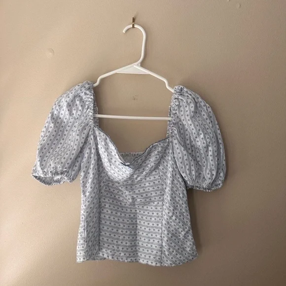 Blue and White Puff Sleeve Top - Picture 2 of 3